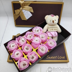 Подарочный набор 12 мыльных роз  Мишка Розовые оттенки