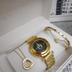 Подарочный набор Pandora (часы, подвеска-Сердце, браслет) Золото с черным циферблатом