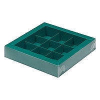 Коробка для 9 конфет Зеленая матовая с пластиковой крышкой (Россия, 155х155х30 мм)