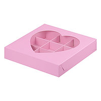 Коробка для 9 конфет Розовая матовая с окошком Сердце (Россия, 160х160х30 мм)
