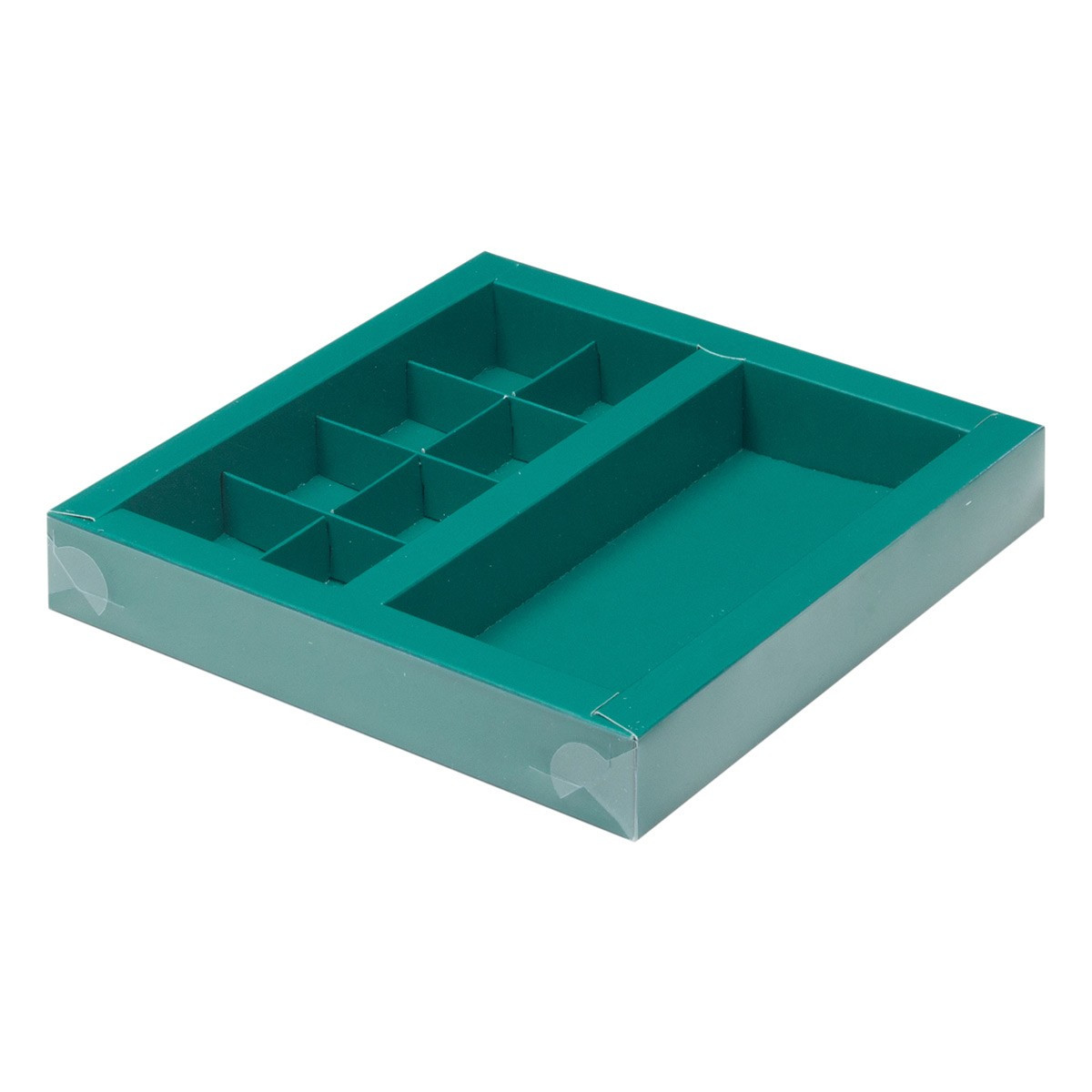 Коробка для 8 конфет + шоколадной плитки Зеленая матовая с пластиковой крышкой (Россия, 200х200х30 м - фото 1 - id-p173662097