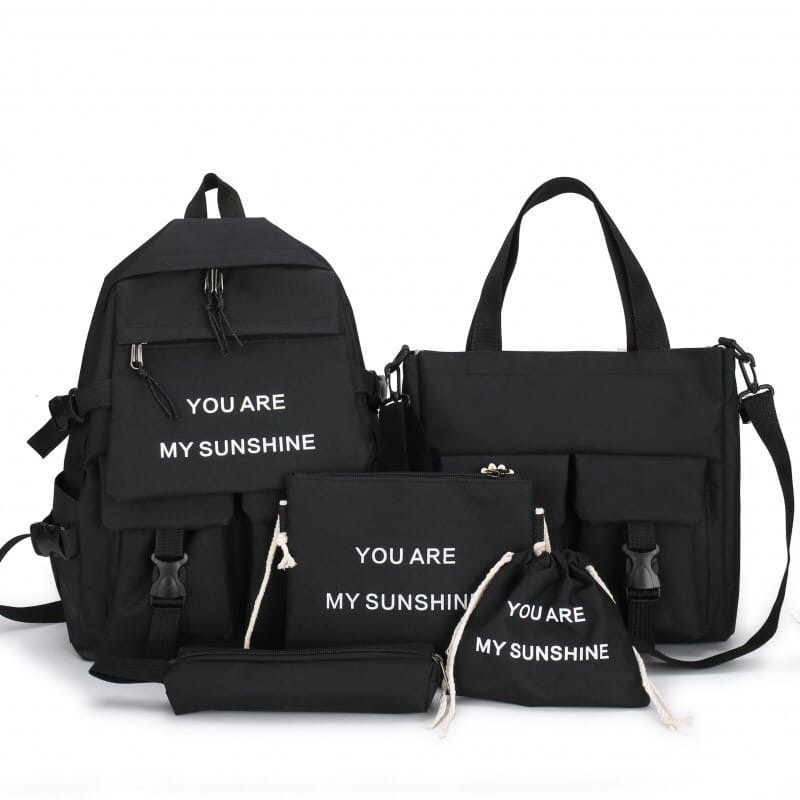 Дорожный набор 5 в 1 черный ( рюкзак, сумка с плечевым ремнем, клатч, пенал, косметичка)