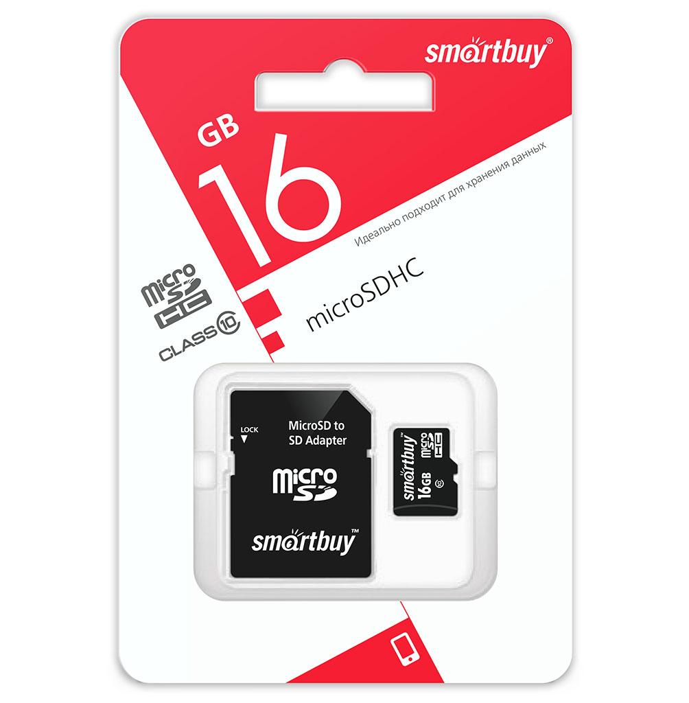Micro SDHC карта памяти Smart Buy 16GB Сlass 10 (с адаптером SD)LE (SB16GBSDCL10-01LE)