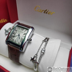 Акция Подарочный набор CartER (браслет, подвеска, часы) Серебро, коричневый ремешок