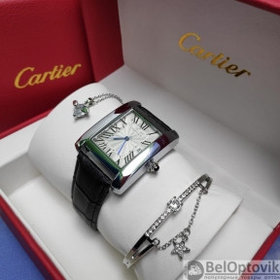Акция Подарочный набор CartER (браслет, подвеска, часы) Серебро, черный ремешок