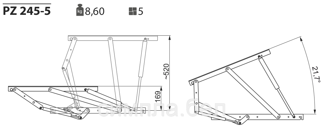 Механизм подъема для кровати PZ 245-5 Газовые пружины усилием 900 N