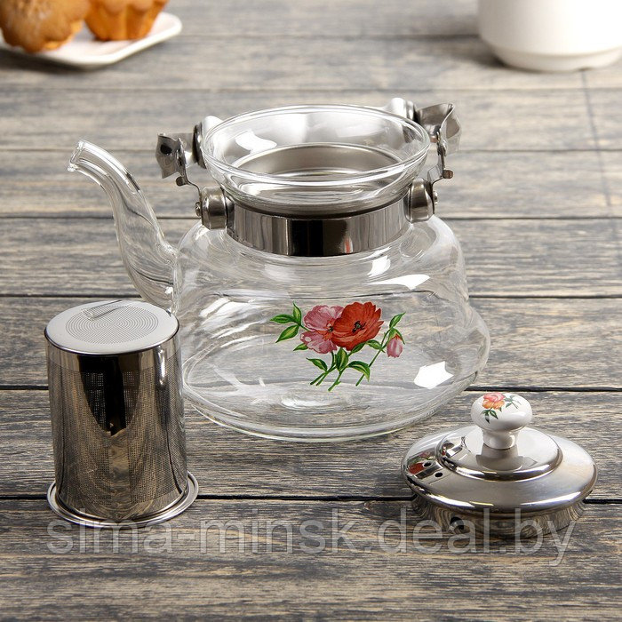 Чайник стеклянный заварочный «Мари», 1 л, 18×15×14 см, металлическое сито - фото 2 - id-p116046023