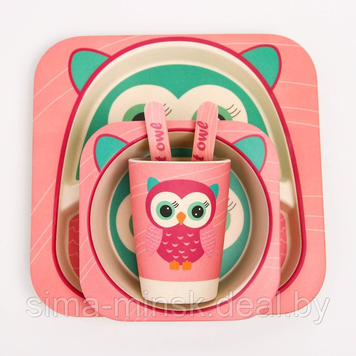 Набор детской бамбуковой посуды «Совушка», тарелка, миска, стакан, приборы, 5 предметов - фото 9 - id-p121912256