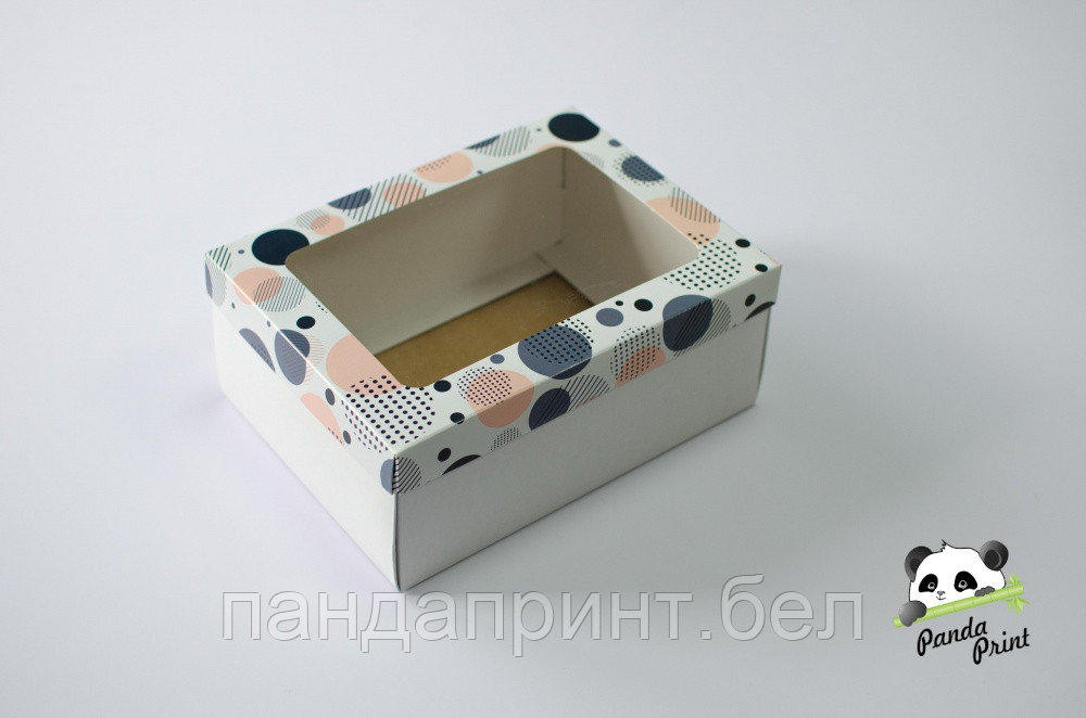 Коробка с прозрачным окном 220х160х90 Цветные круги (белое дно)