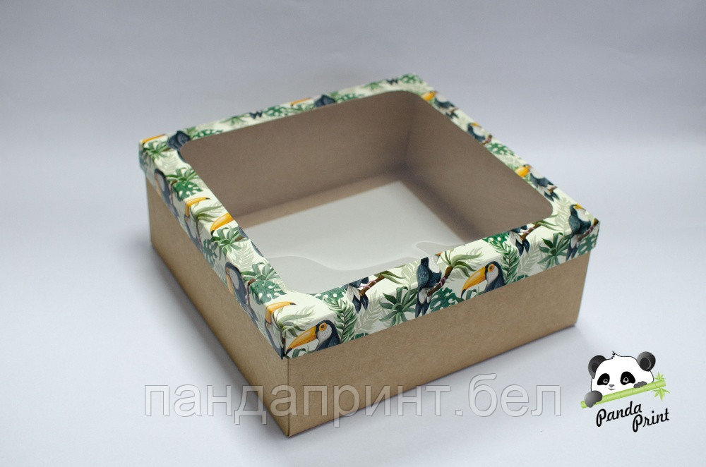 Коробка с прозрачным окном 260х255х100 Туканы (крафт дно)