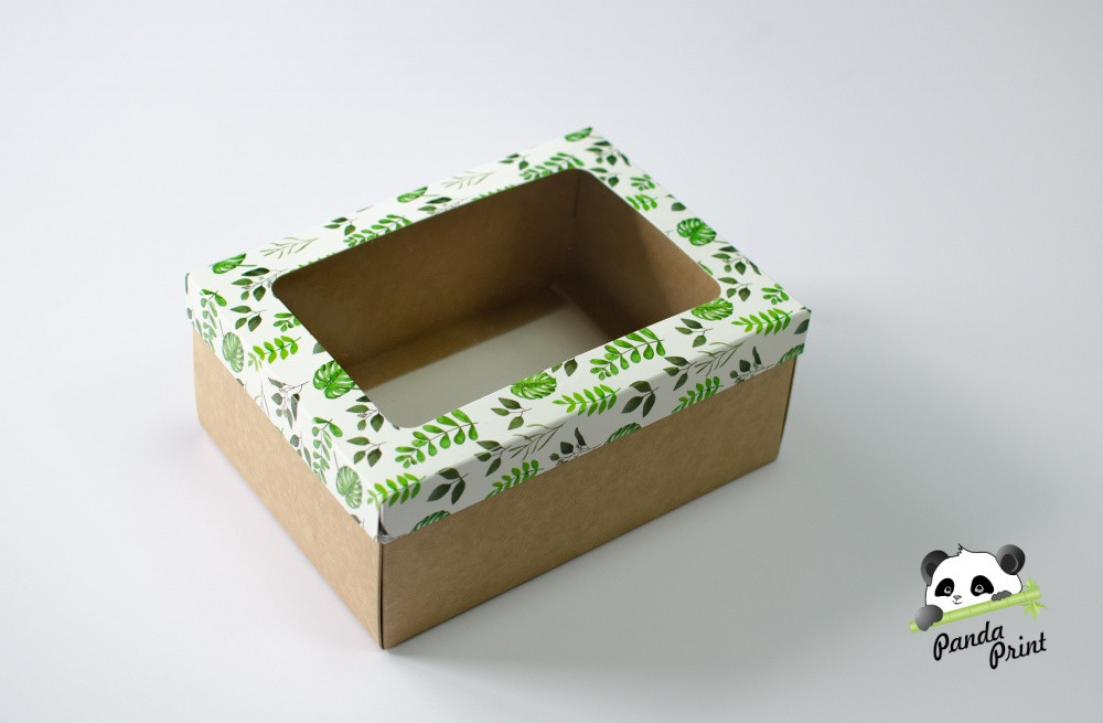 Коробка с прозрачным окном 270х190х100 Зеленые листья (крафт дно)