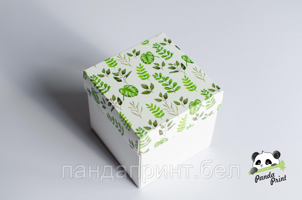 Коробка 75х75х70 Зеленые листья (белое дно)