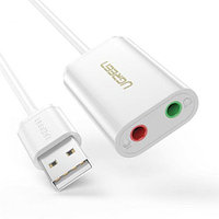 Аудио-переходник USB на 2х3.5 miniJack внешняя звуковая карта UGREEN US205 Белая