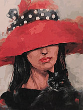 "Дама в красной шляпе с котом" рисование по номерам, 40*50