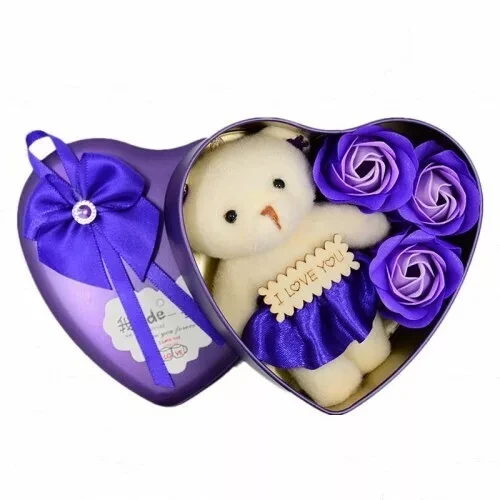 Подарочный набор с мишкой и розами из мыла (Фиолетовый)