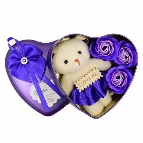 Подарочный набор с мишкой и розами из мыла (Фиолетовый), фото 2