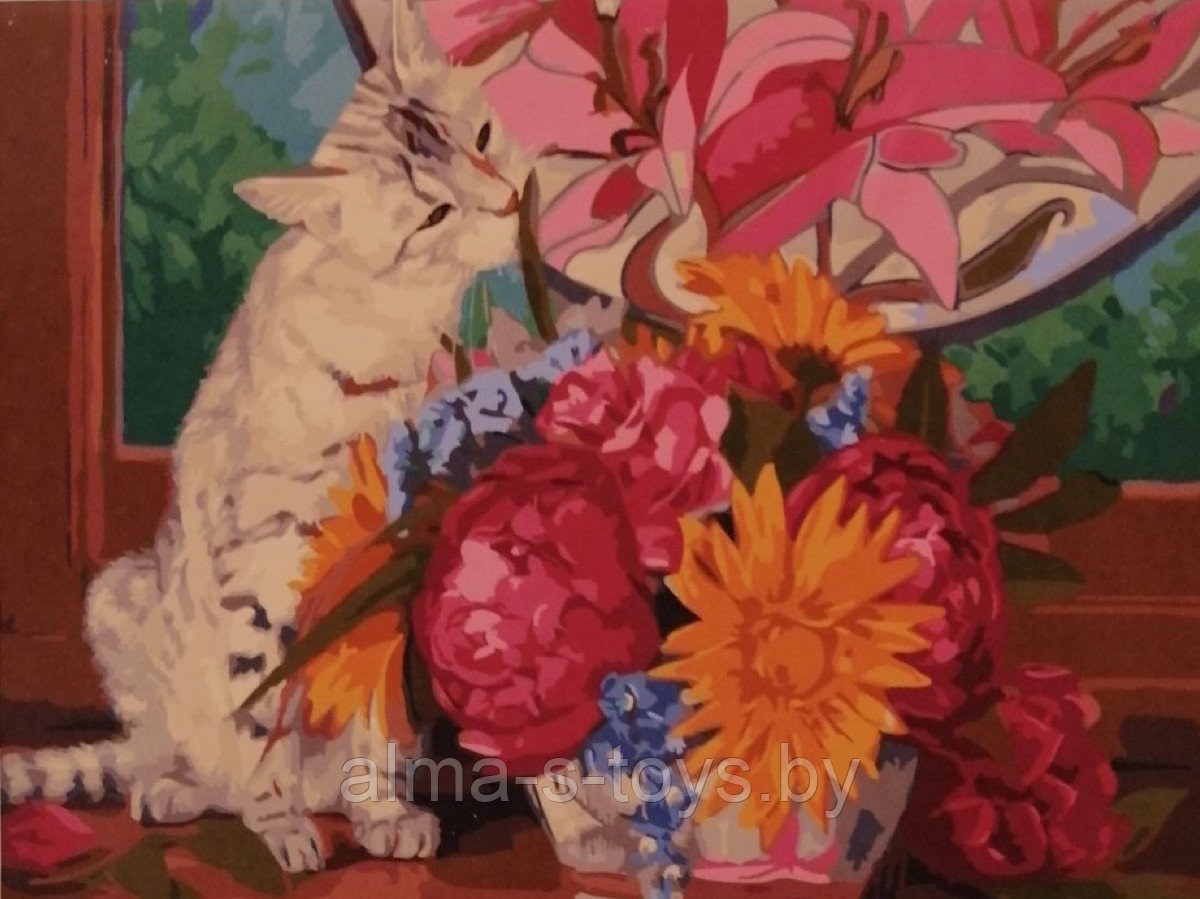 Рисование по номерам 50*40 Кот и цветы, холст на деревянной раме - фото 1 - id-p175051294