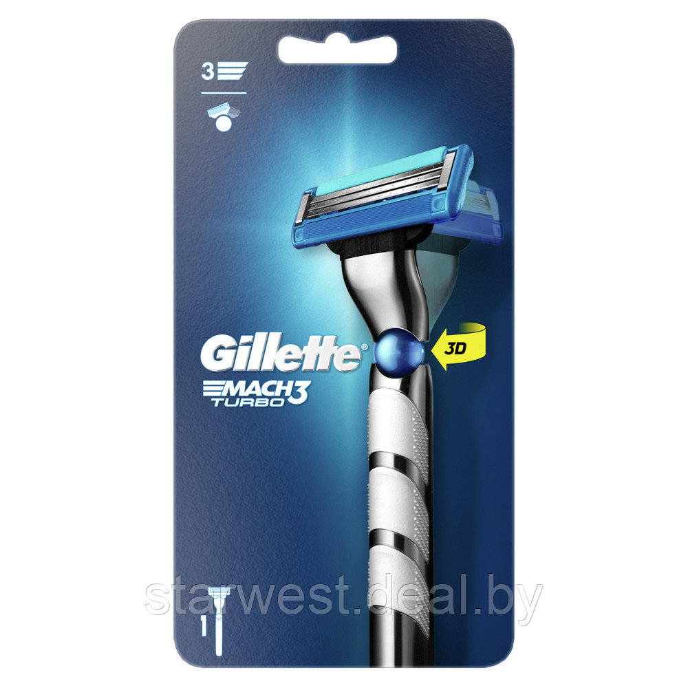 Gillette Mach 3 Turbo с 1 кассетой Бритва / Станок для бритья мужской с 3D-механизмом - фото 1 - id-p175116785