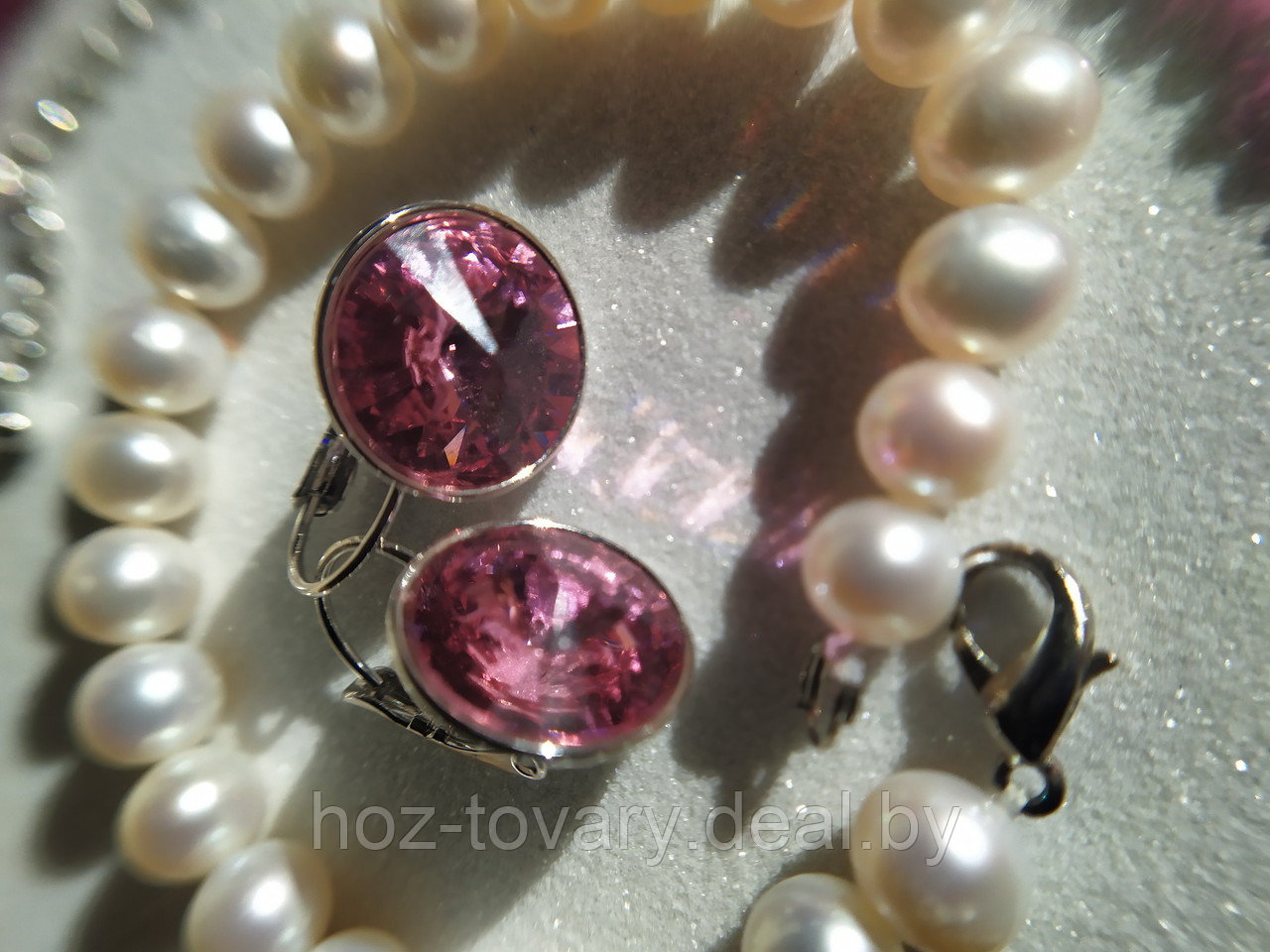 Комплект "Античный розовый": чокер из стеклянных бусин, жемчужиный браслет и серьги Сваровски арт. БА 353 - фото 9 - id-p178497029