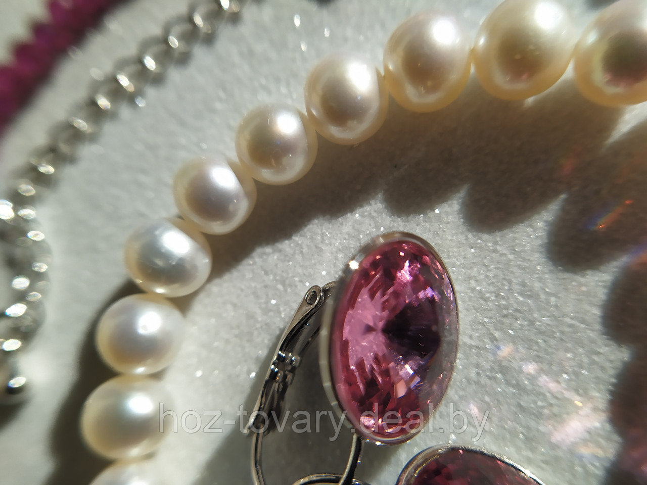 Комплект "Античный розовый": чокер из стеклянных бусин, жемчужиный браслет и серьги Сваровски арт. БА 353 - фото 6 - id-p178497029