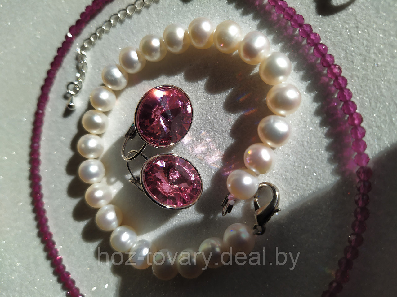Комплект "Античный розовый": чокер из стеклянных бусин, жемчужиный браслет и серьги Сваровски арт. БА 353 - фото 4 - id-p178497029