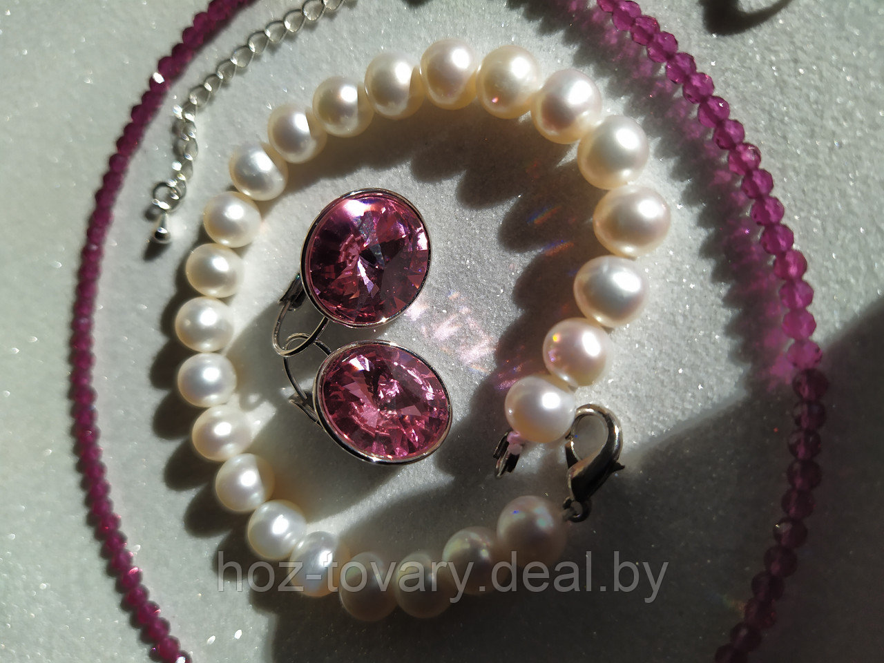 Комплект "Античный розовый": чокер из стеклянных бусин, жемчужиный браслет и серьги Сваровски арт. БА 353 - фото 3 - id-p175153827