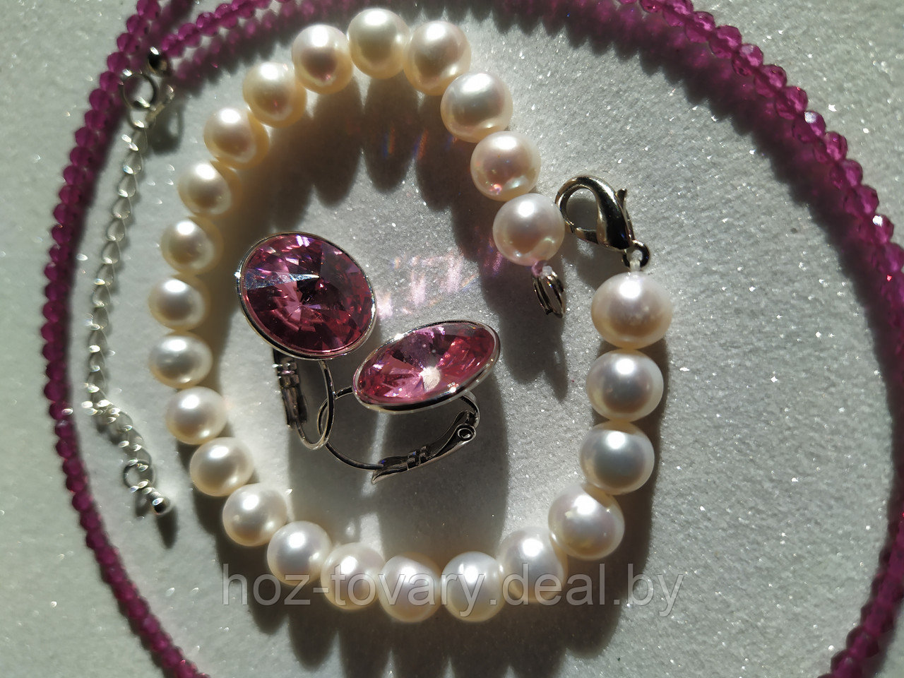 Комплект "Античный розовый": чокер из стеклянных бусин, жемчужиный браслет и серьги Сваровски арт. БА 353 - фото 2 - id-p178497029