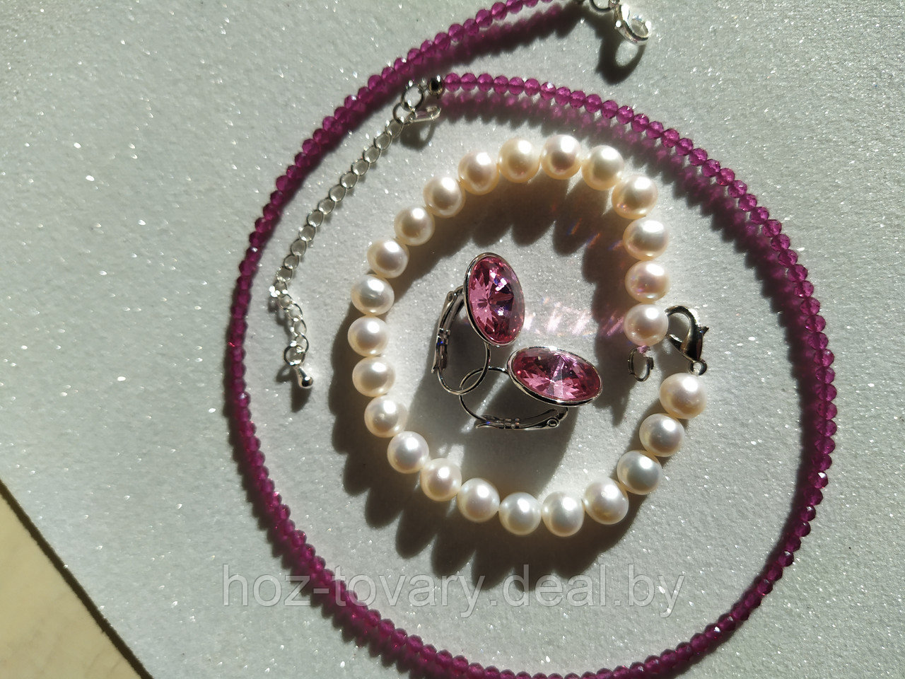 Комплект "Античный розовый": чокер из стеклянных бусин, жемчужиный браслет и серьги Сваровски арт. БА 353 - фото 5 - id-p175153827