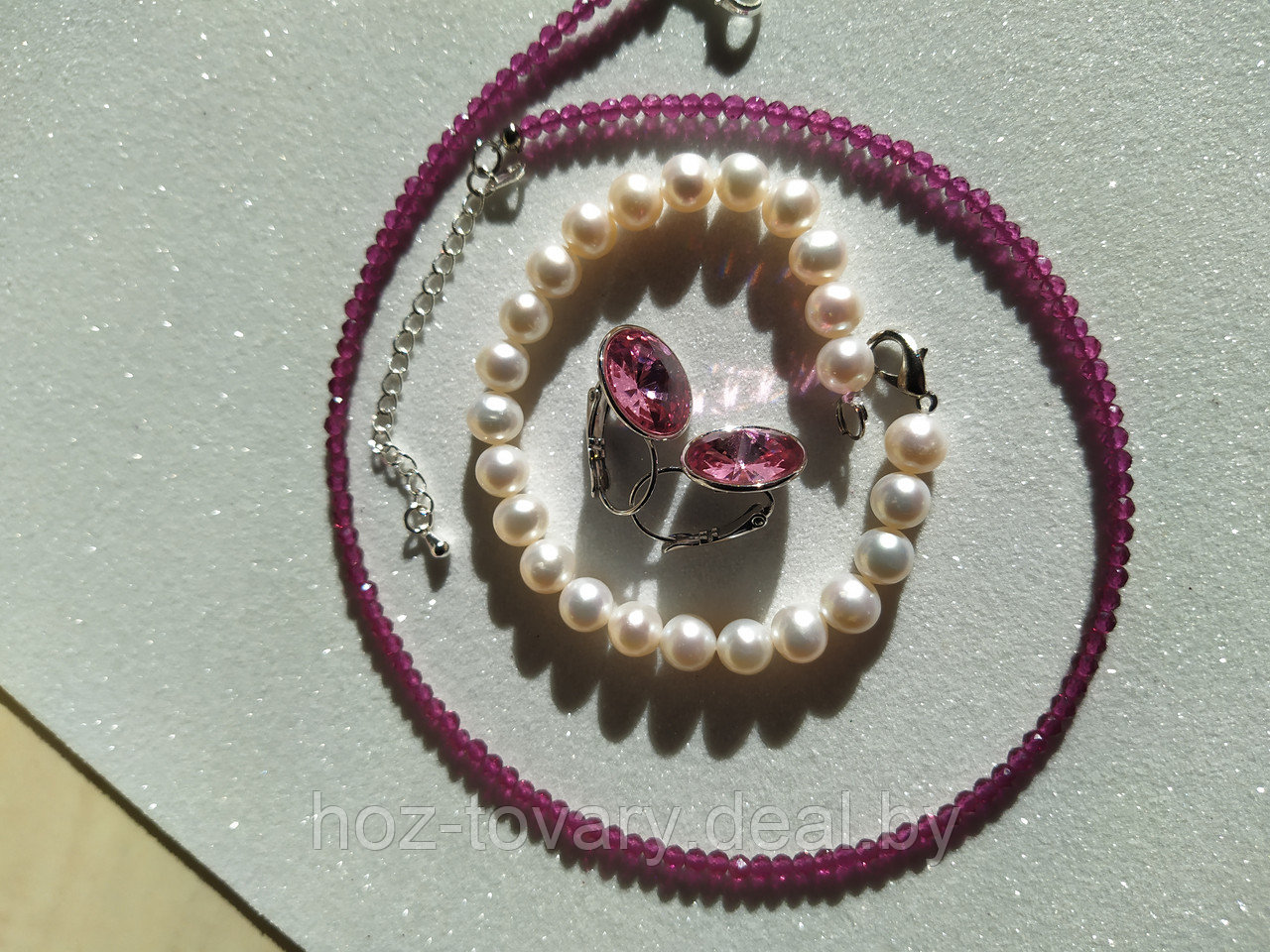 Комплект "Античный розовый": чокер из стеклянных бусин, жемчужиный браслет и серьги Сваровски арт. БА 353 - фото 1 - id-p175153827