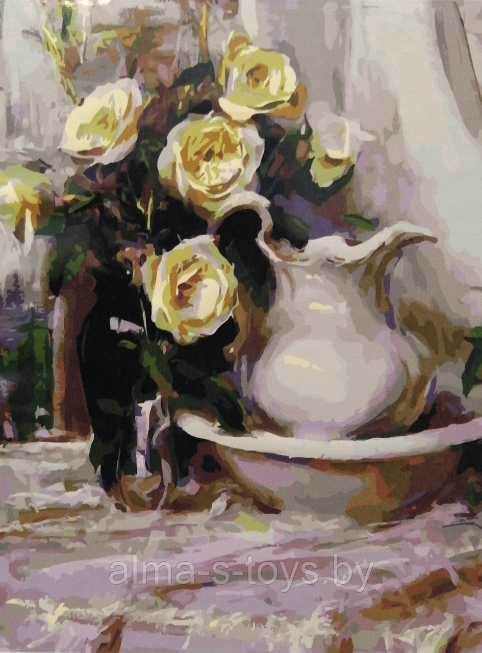 Рисование по номерам 40* 50, Натюрморт "Кувшин и жёлтые розы", холст на раме - фото 1 - id-p175161735
