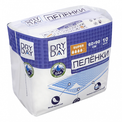 Пелёнки гигиенические впитывающие Dry day Super, 60х90 см., 10 шт.