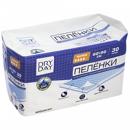 Пелёнки гигиенические впитывающие Dry day Super, 60х90 см., 30 шт.