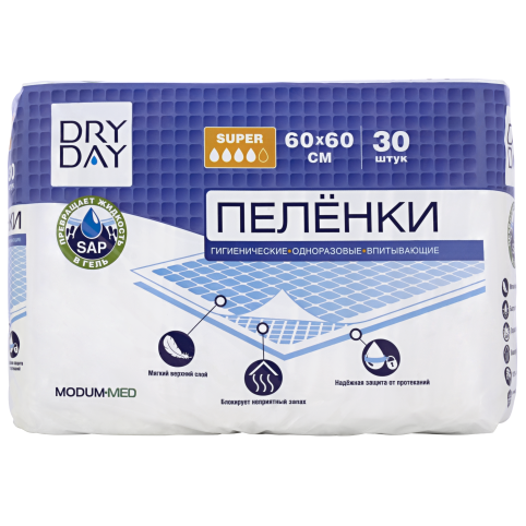 Пелёнки гигиенические впитывающие Dry day Super, 60х60 см., 30 шт.