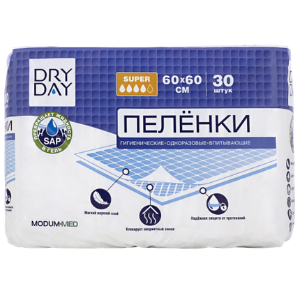 Пелёнки гигиенические впитывающие Dry day Super, 60х60 см., 30 шт., фото 2