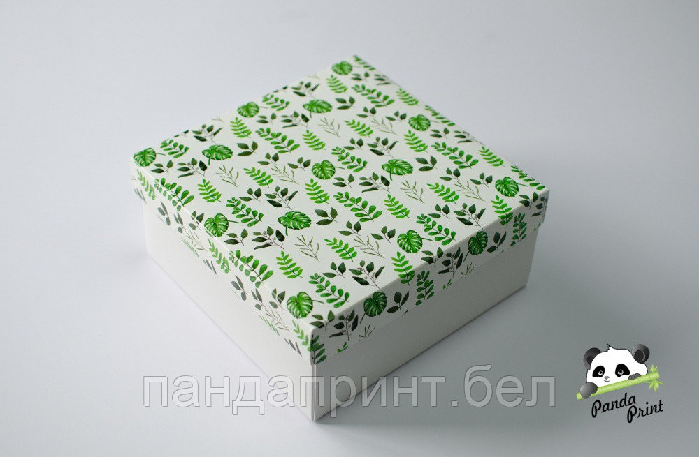 Коробка 200х200х80 Зеленые листья (белое дно)