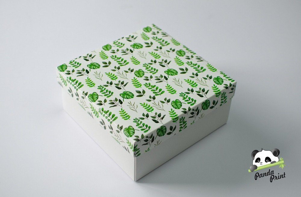 Коробка 200х200х80 Зеленые листья (белое дно)