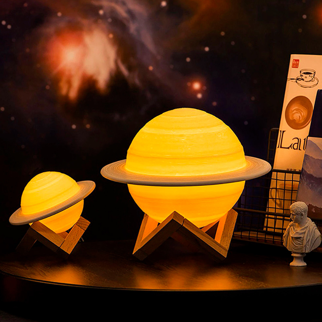 Светильник-ночник Сатурн 16,5 см 3D Saturn Lunar Lamp на деревянной подставке