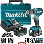 Аккумуляторная дрель-шуруповерт Makita DDF485RFE (2 акк. 18 В, 3 А/ч, 50Нм, кейс)