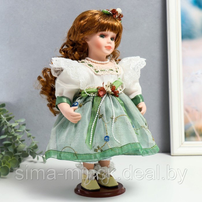 Кукла коллекционная керамика "Агата в бело-зелёном платье и с цветами в волосах" 30 см - фото 2 - id-p176276875