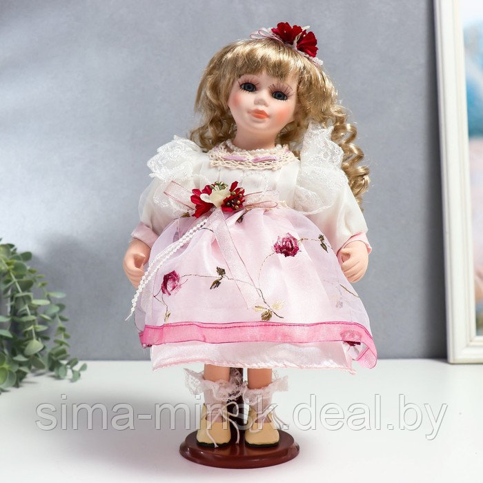 Кукла коллекционная керамика "Агата в бело-розовом платье и с цветами в волосах" 30 см - фото 1 - id-p176276876
