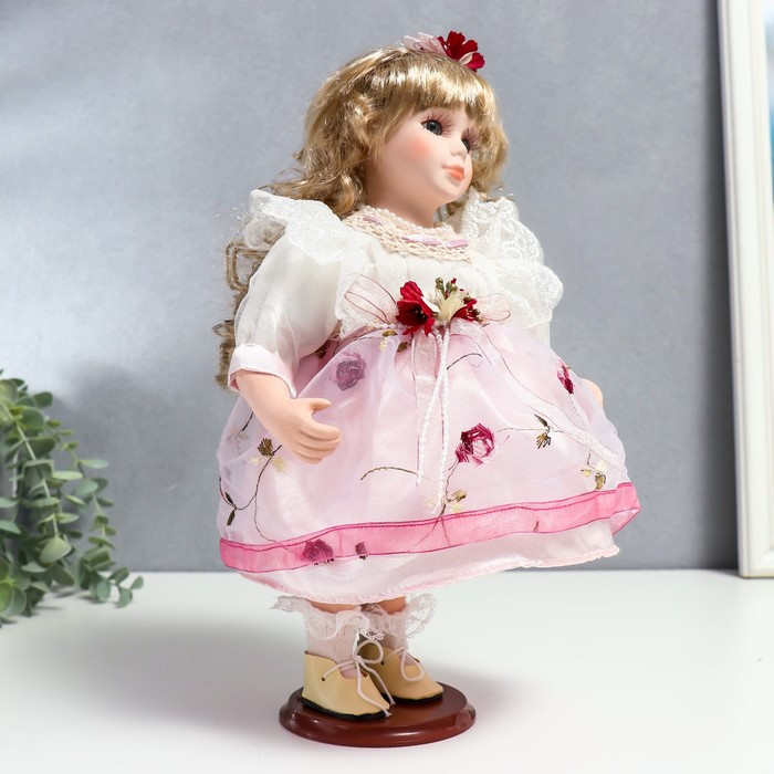 Кукла коллекционная керамика "Агата в бело-розовом платье и с цветами в волосах" 30 см - фото 2 - id-p176313152