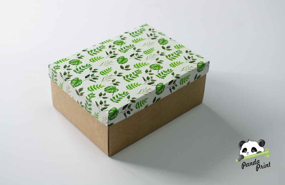 Коробка 220х160х90 Зеленые листья (крафт дно)