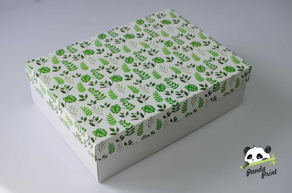 Коробка 350х250х100 Зеленые листья (белое дно)