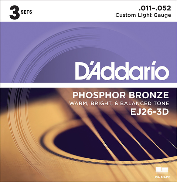 D`Addario EJ26-3D Phosphor Bronze Струны для акустической гитары, Custom Light, 11-52, 3 компл