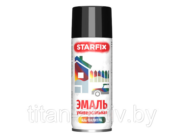 Краска-эмаль аэроз. универсальная черный глянец STARFIX 520мл (9017) (Транспортный черный, глянцевая