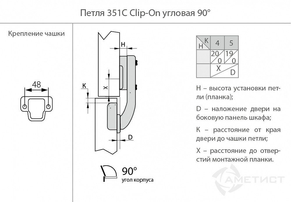 Петля 351 Clip-On D35мм с доводчиком угл 180 град. с м.планкой H0мм(без шурупов и крышки на корпус) - фото 2 - id-p176398492