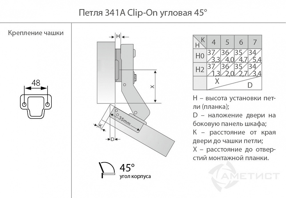 Петля 341 Clip-On D35мм с доводчиком угл 45 град. HB341A.100NI - фото 2 - id-p176398496