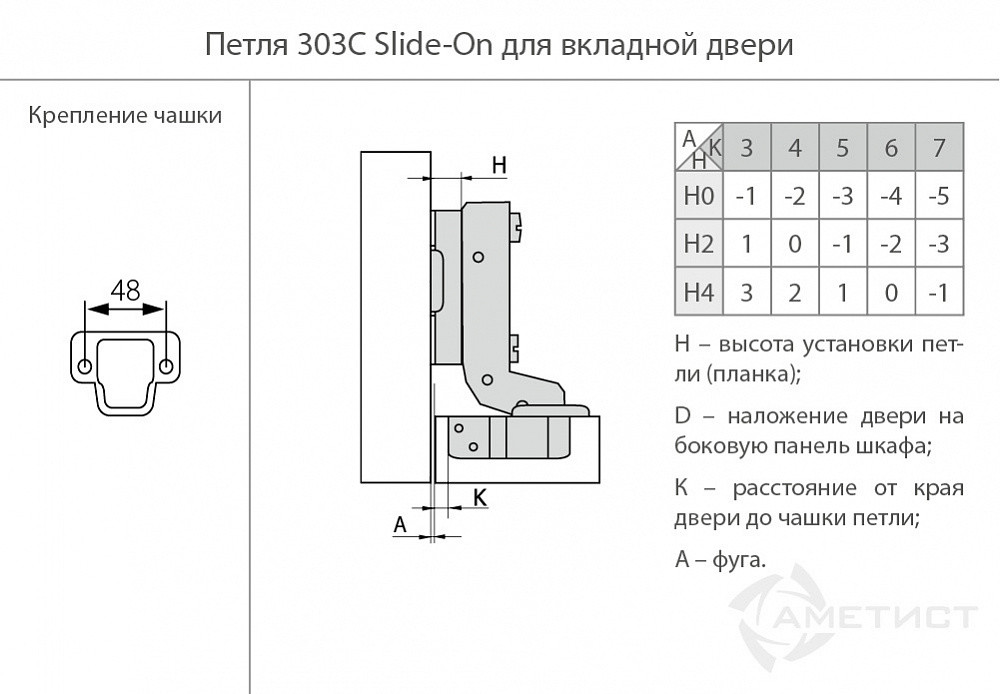 Петля 303 Slide-On D35мм для вкладных дверей HR303C.100NI - фото 2 - id-p176398520