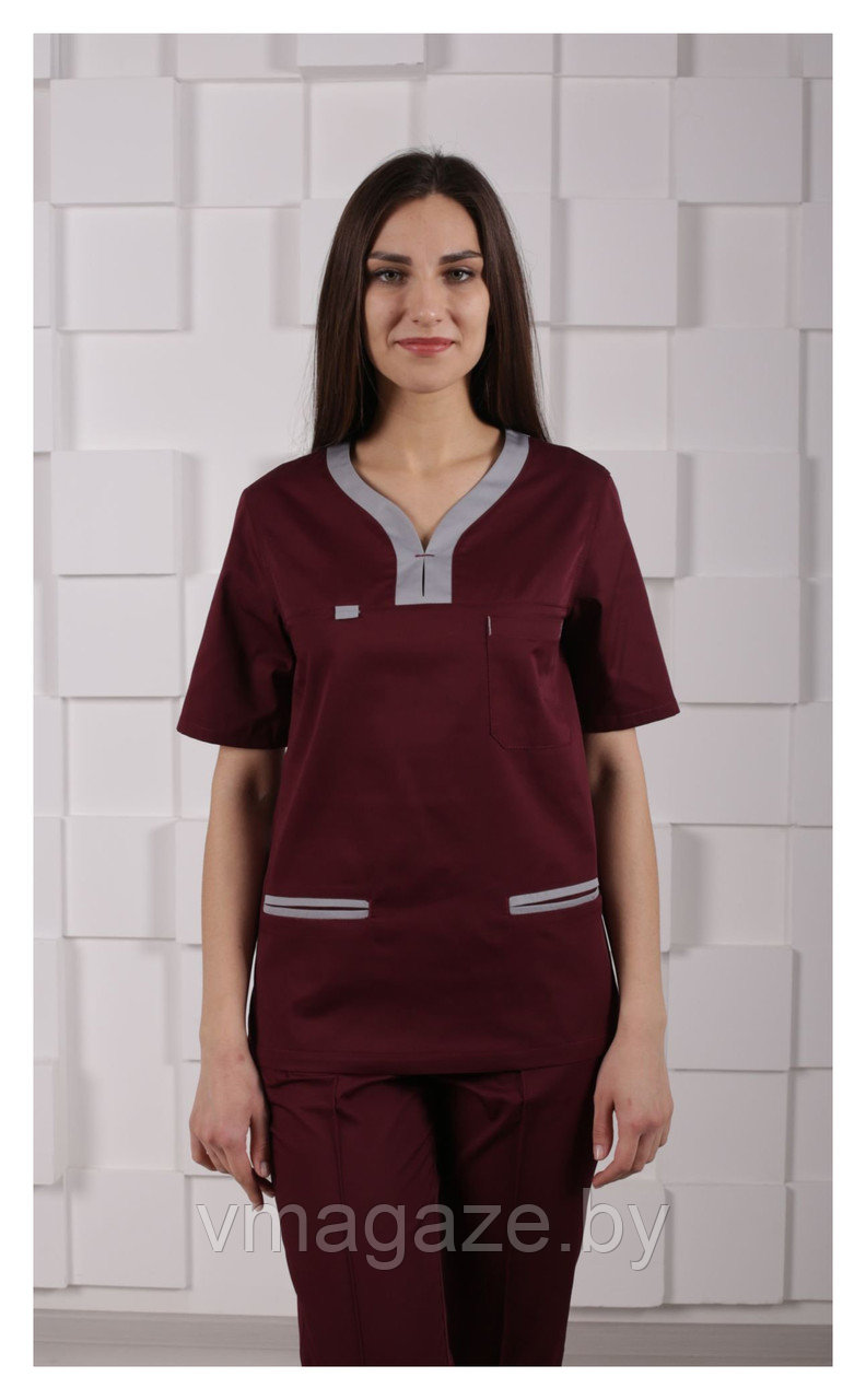 Медицинская женская блуза (с отделкой, цвет бордовый) - фото 5 - id-p176438127