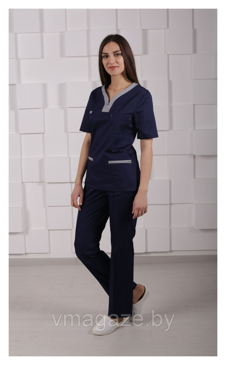 Медицинская женская блуза (с отделкой, цвет т-синий) - фото 1 - id-p176438131